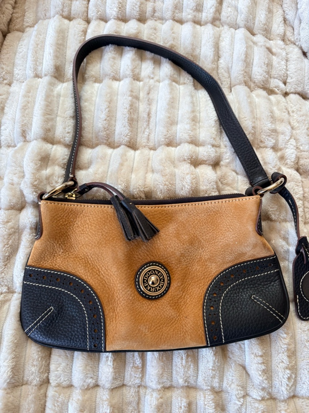 Dooney & Bourke Tan and Black Leather Shoulder Bag with Tassel